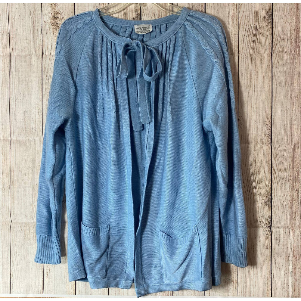 Vtg Blue Tie Neck Open Front Acrylic Cardigan Sweater Size M L 42